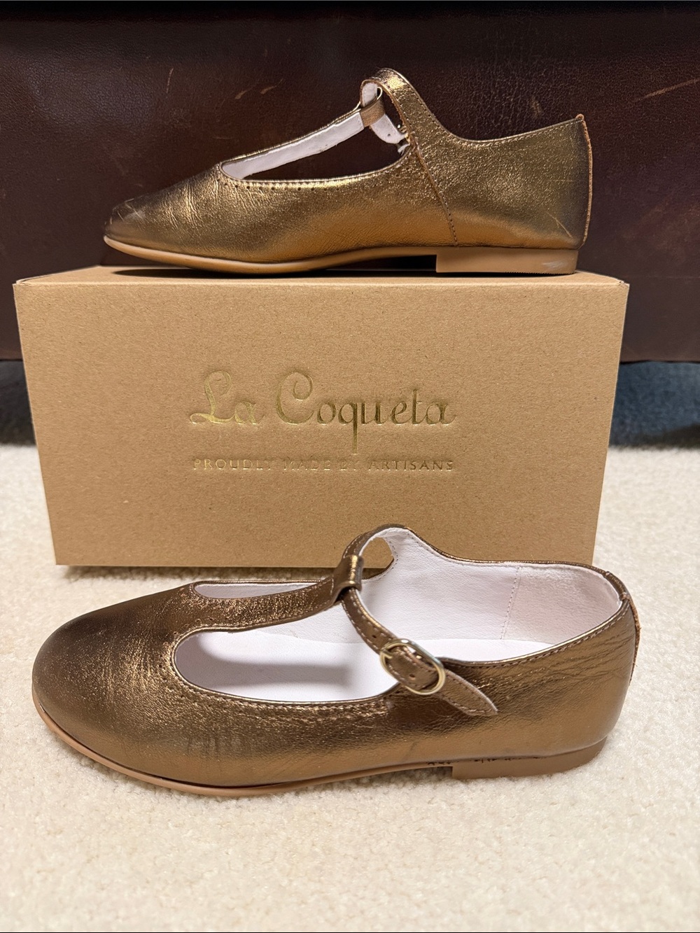 KIDS La Coqueta Metallic Bronze T-Strap Leather Flats